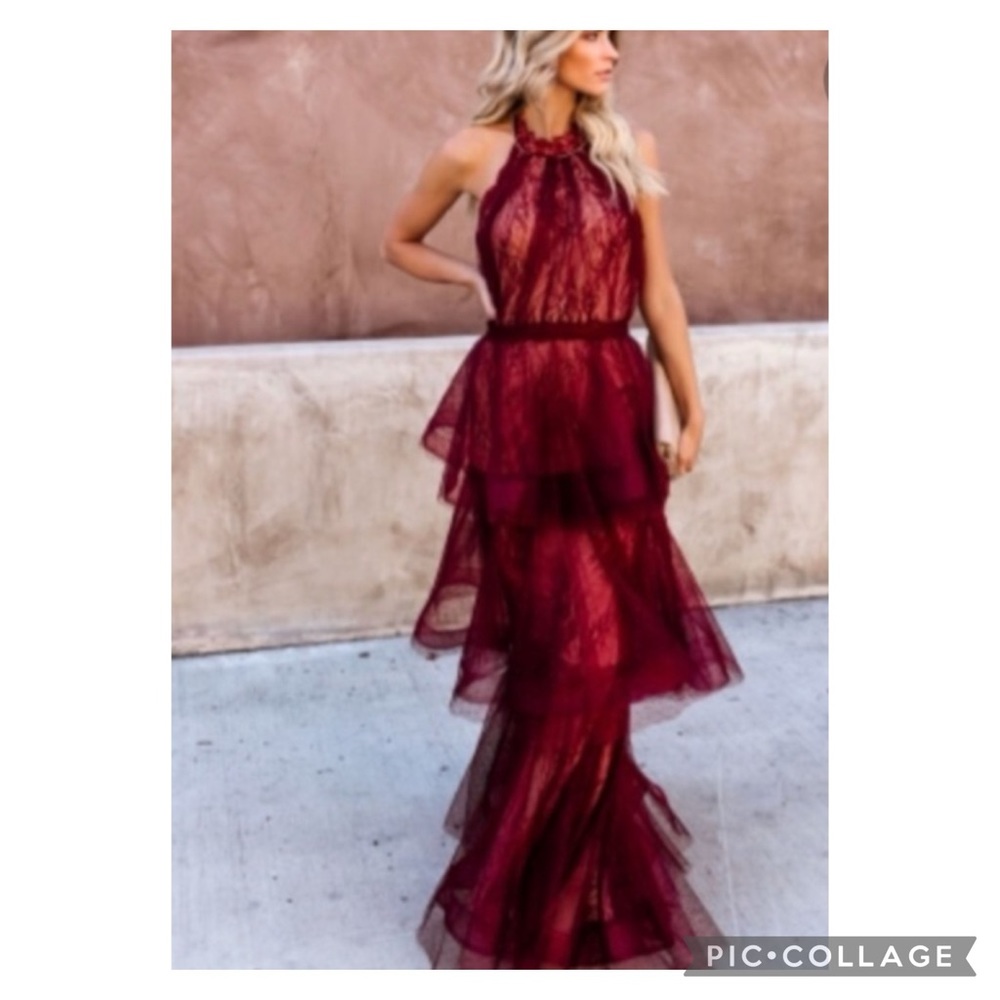 Luxxel Wine Tiered Lacey Tule Maxi Halter Maxi Size Small